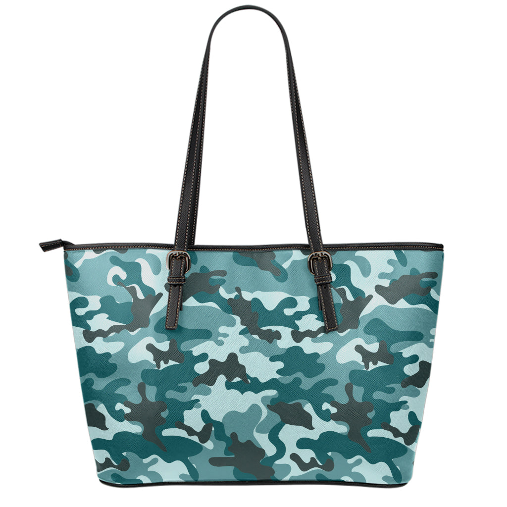 Forest Green Camouflage Print Leather Tote Bag