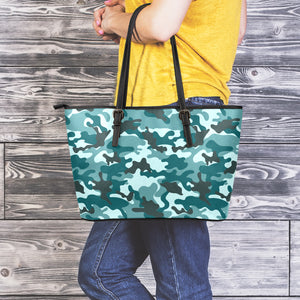 Forest Green Camouflage Print Leather Tote Bag