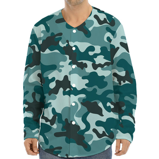 Forest Green Camouflage Print Long Sleeve Baseball Jersey