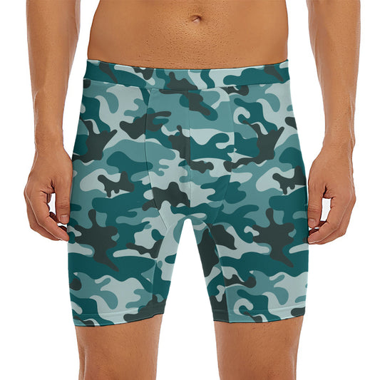 Forest Green Camouflage Print Men's Long Boxer Briefs