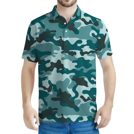 Forest Green Camouflage Print Men's Polo Shirt