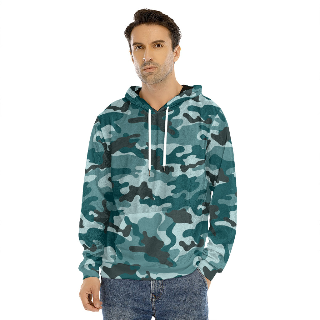 Forest Green Camouflage Print Men's Velvet Pullover Hoodie