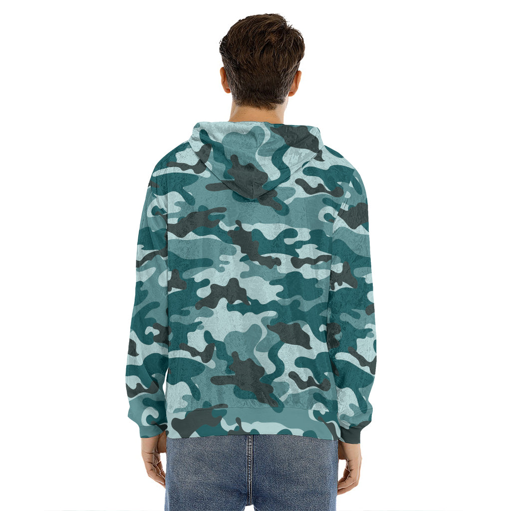 Forest Green Camouflage Print Men's Velvet Pullover Hoodie