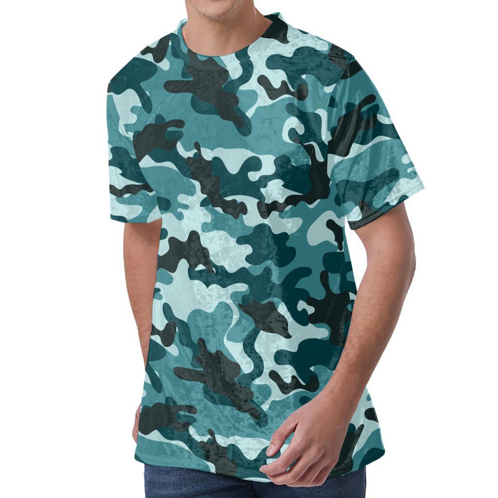 Forest Green Camouflage Print Men's Velvet T-Shirt