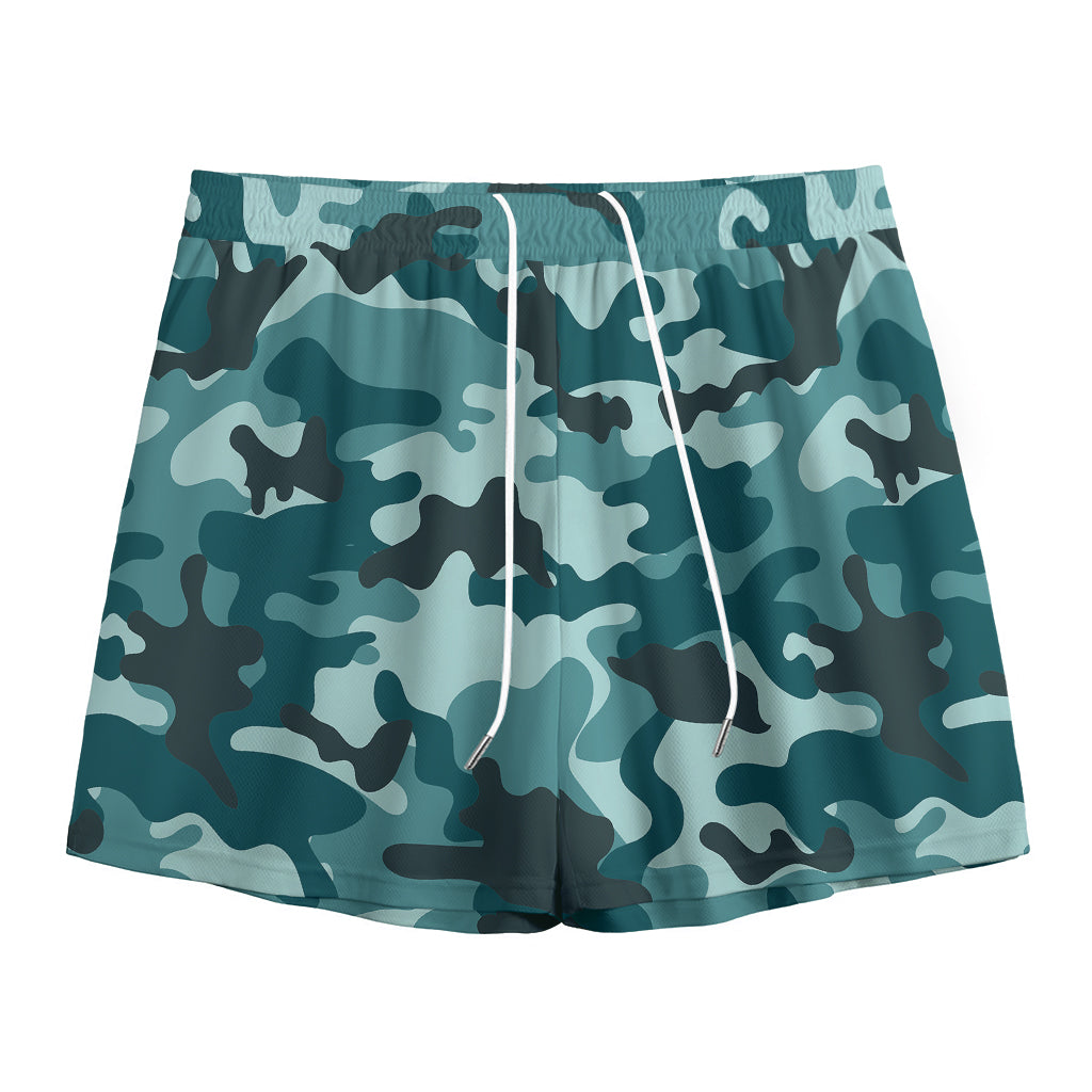 Forest Green Camouflage Print Mesh Shorts