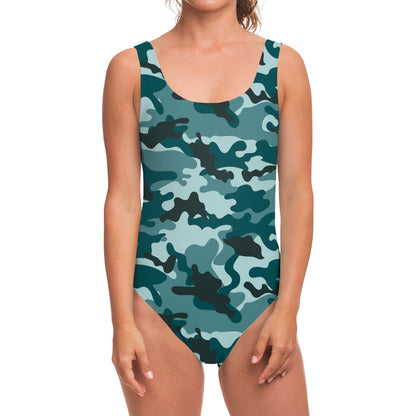 Forest Green Camouflage Print One Piece Swimsuit