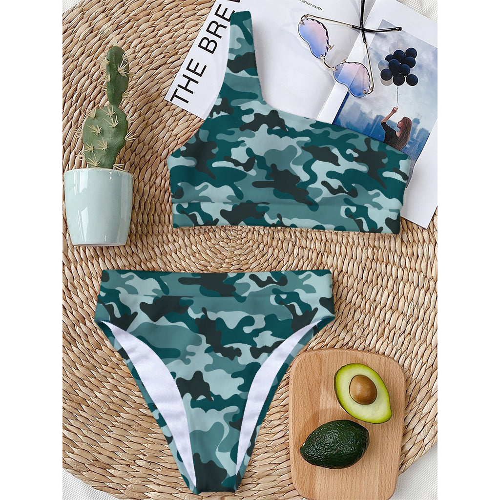 Forest Green Camouflage Print One Shoulder Bikini Top