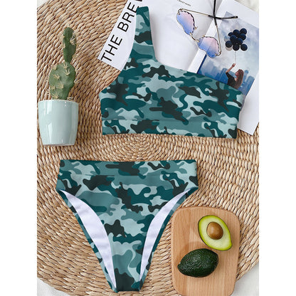 Forest Green Camouflage Print One Shoulder Bikini Top