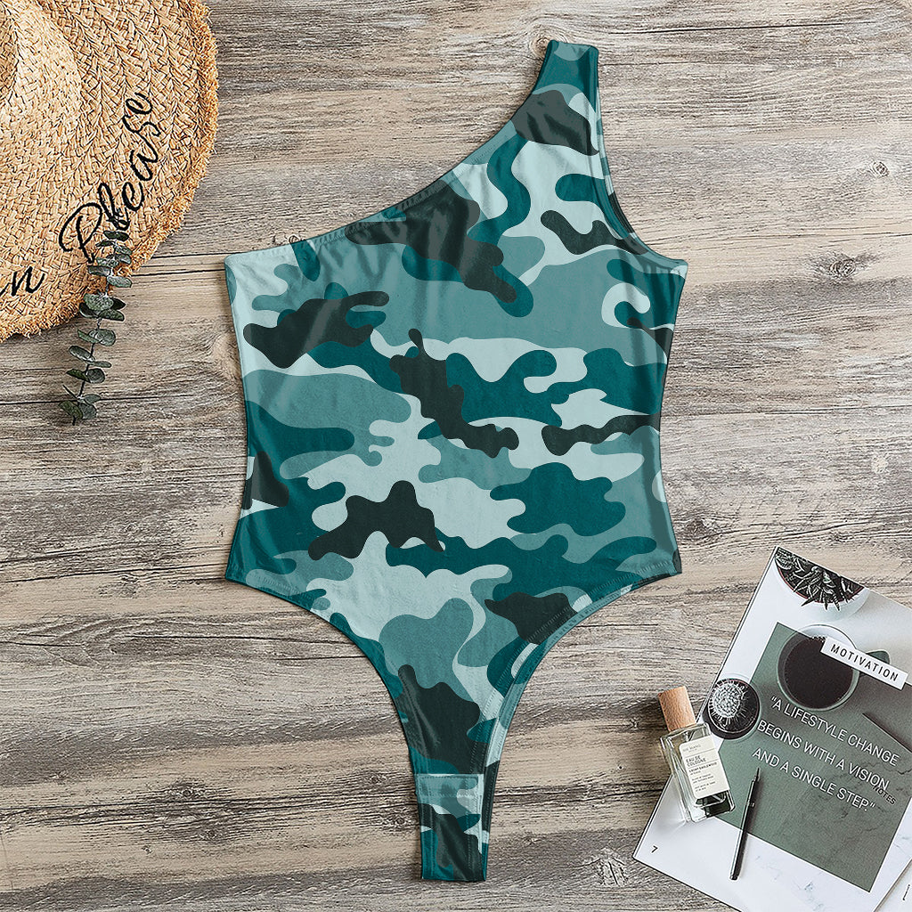 Forest Green Camouflage Print One Shoulder Bodysuit