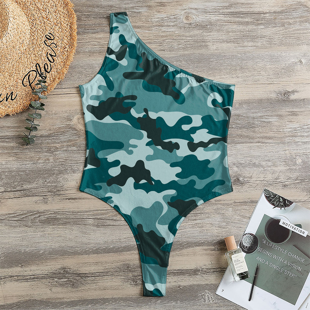 Forest Green Camouflage Print One Shoulder Bodysuit