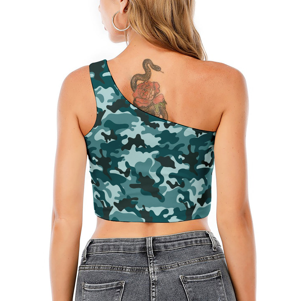 Forest Green Camouflage Print One Shoulder Crop Top