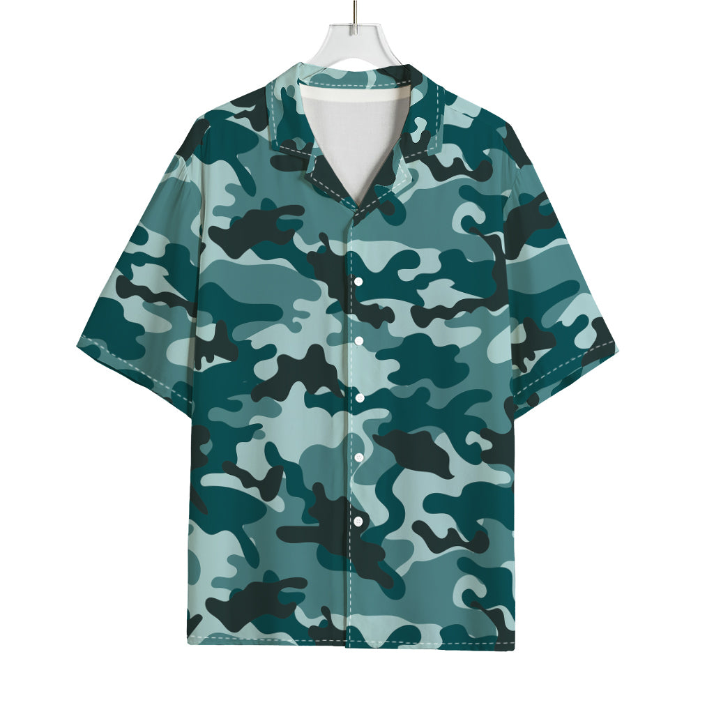 Forest Green Camouflage Print Rayon Hawaiian Shirt