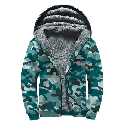 Forest Green Camouflage Print Sherpa Lined Zip Up Hoodie