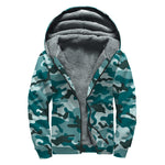 Forest Green Camouflage Print Sherpa Lined Zip Up Hoodie