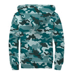 Forest Green Camouflage Print Sherpa Lined Zip Up Hoodie