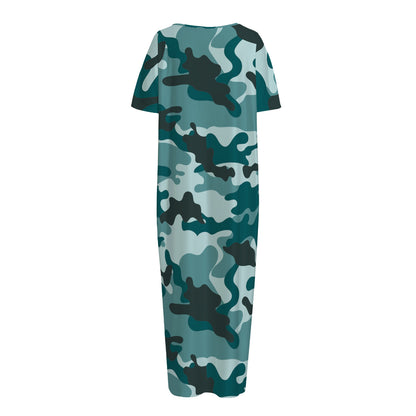 Forest Green Camouflage Print Short Sleeve Long Nightdress