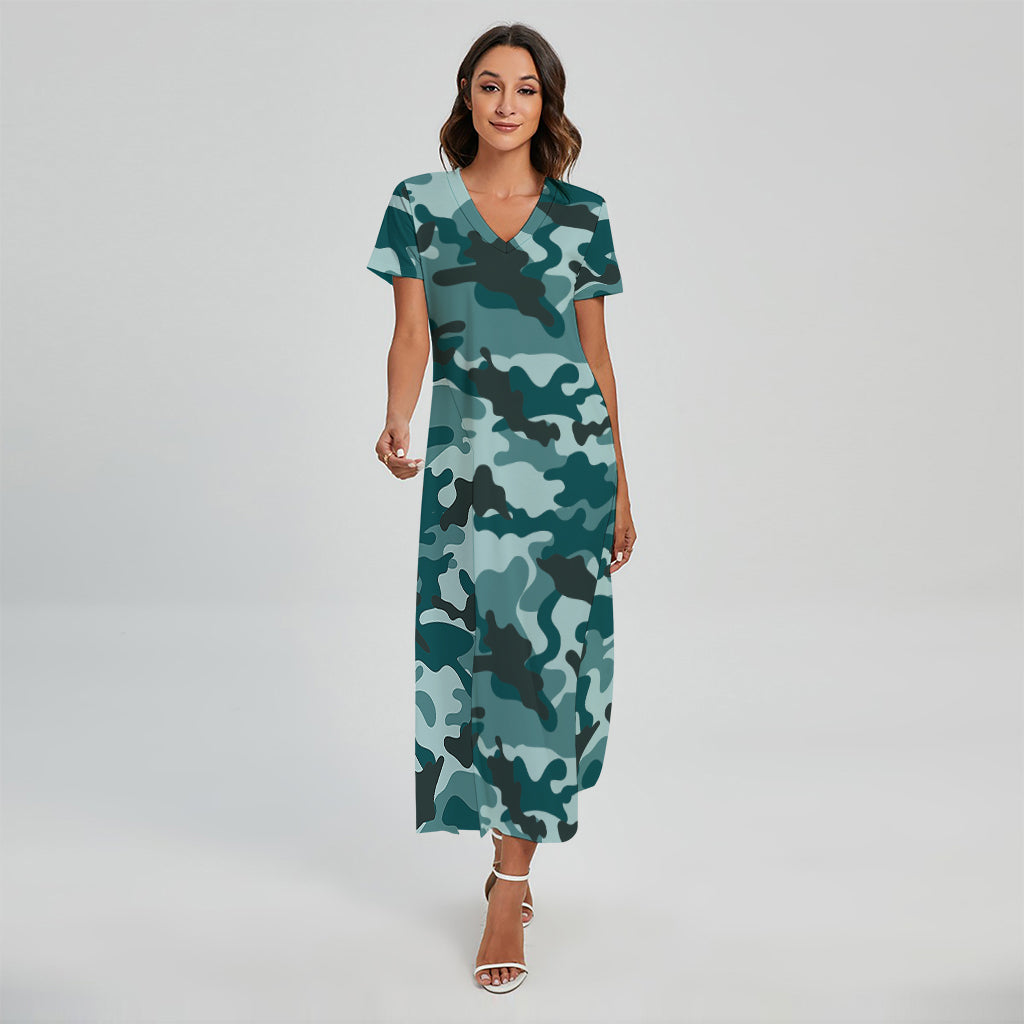 Forest Green Camouflage Print Short Sleeve Maxi Dress