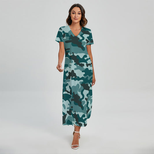 Forest Green Camouflage Print Short Sleeve Maxi Dress