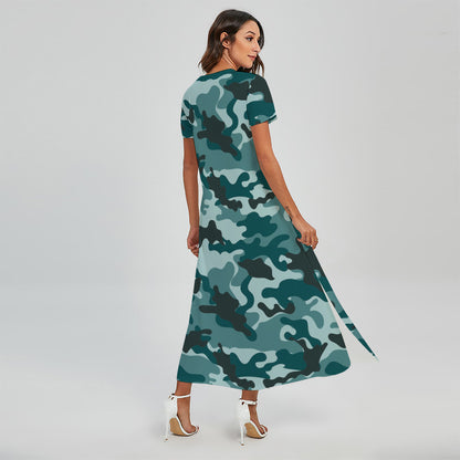 Forest Green Camouflage Print Short Sleeve Maxi Dress