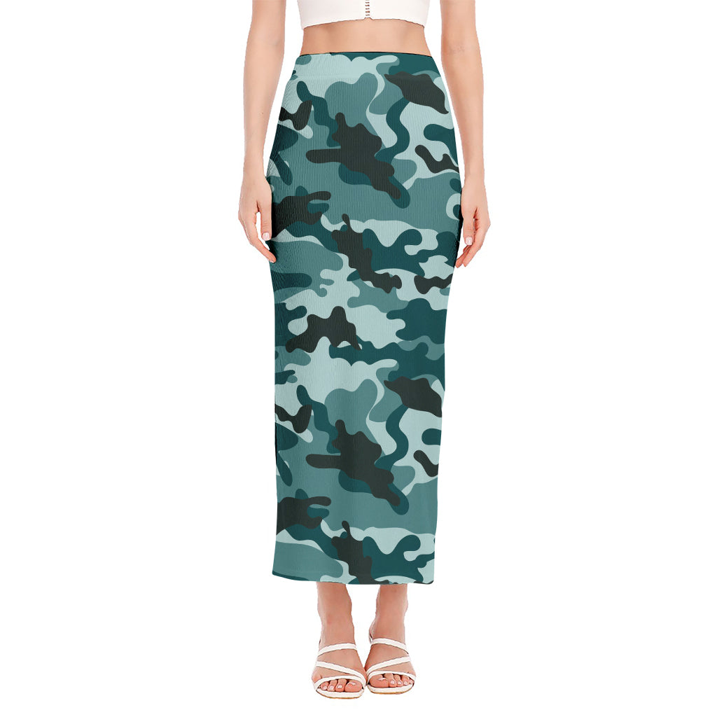 Forest Green Camouflage Print Side Slit Maxi Skirt