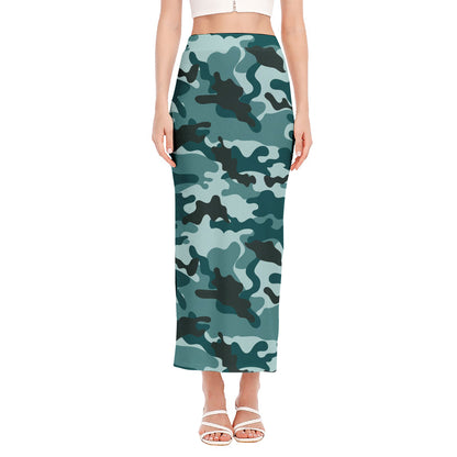 Forest Green Camouflage Print Side Slit Maxi Skirt