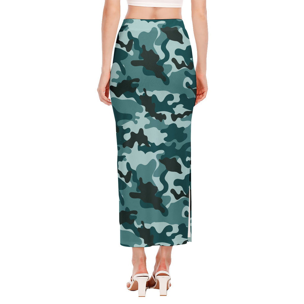 Forest Green Camouflage Print Side Slit Maxi Skirt