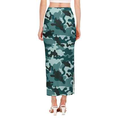 Forest Green Camouflage Print Side Slit Maxi Skirt
