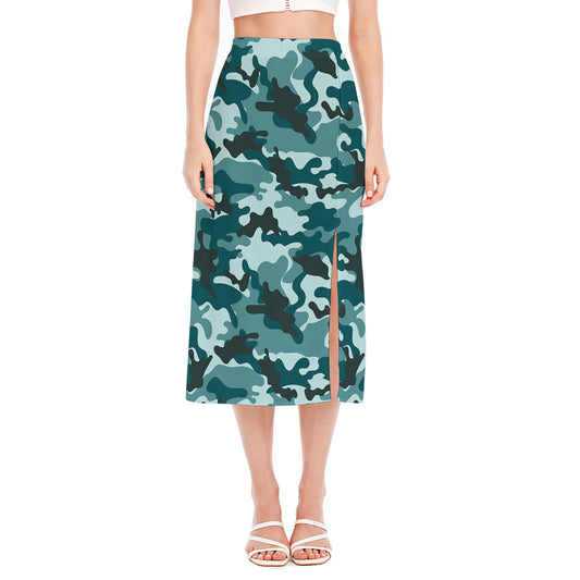 Forest Green Camouflage Print Side Slit Midi Skirt