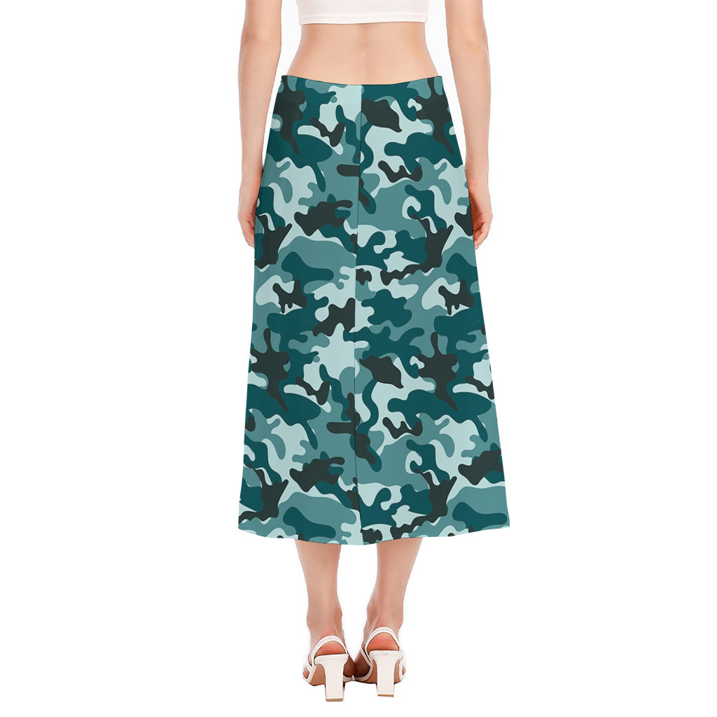 Forest Green Camouflage Print Side Slit Midi Skirt