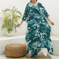 Forest Green Camouflage Print Silk V-Neck Kaftan Dress
