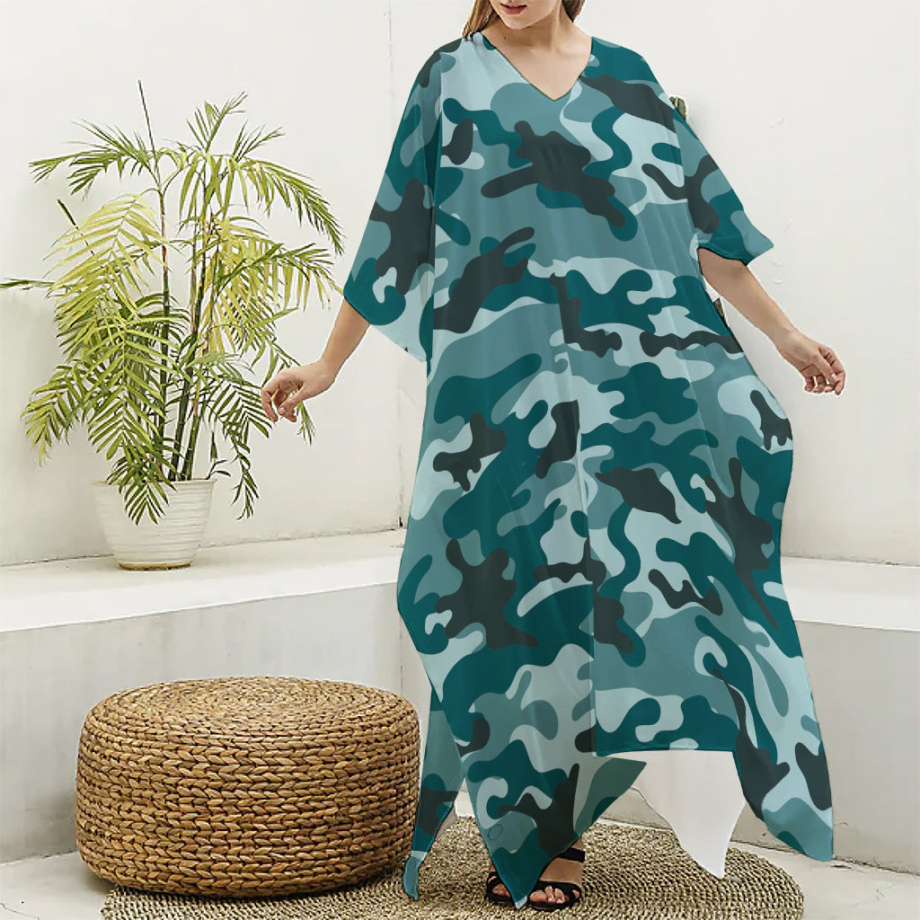 Forest Green Camouflage Print Silk V-Neck Kaftan Dress