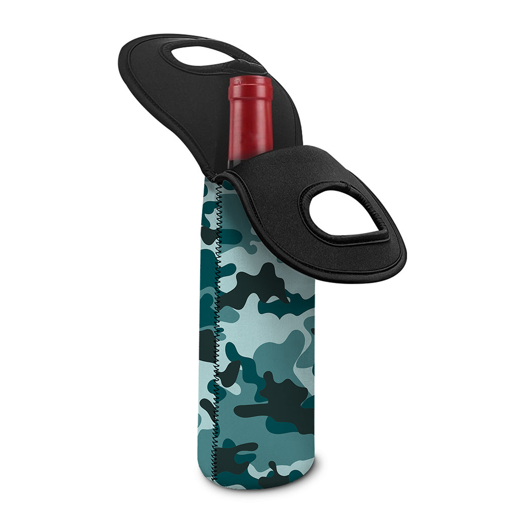Forest Green Camouflage Print Single Neoprene Wine Tote