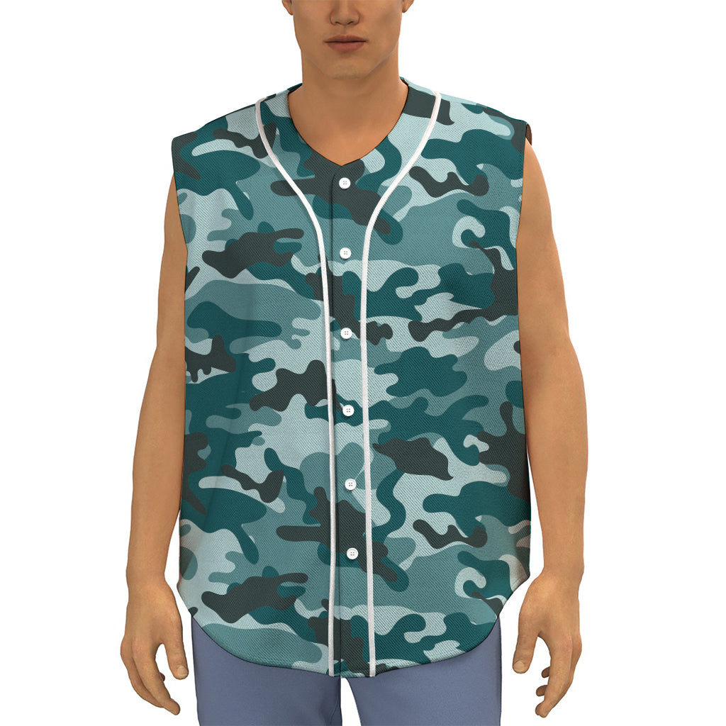 Forest Green Camouflage Print Sleeveless Baseball Jersey