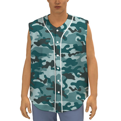 Forest Green Camouflage Print Sleeveless Baseball Jersey