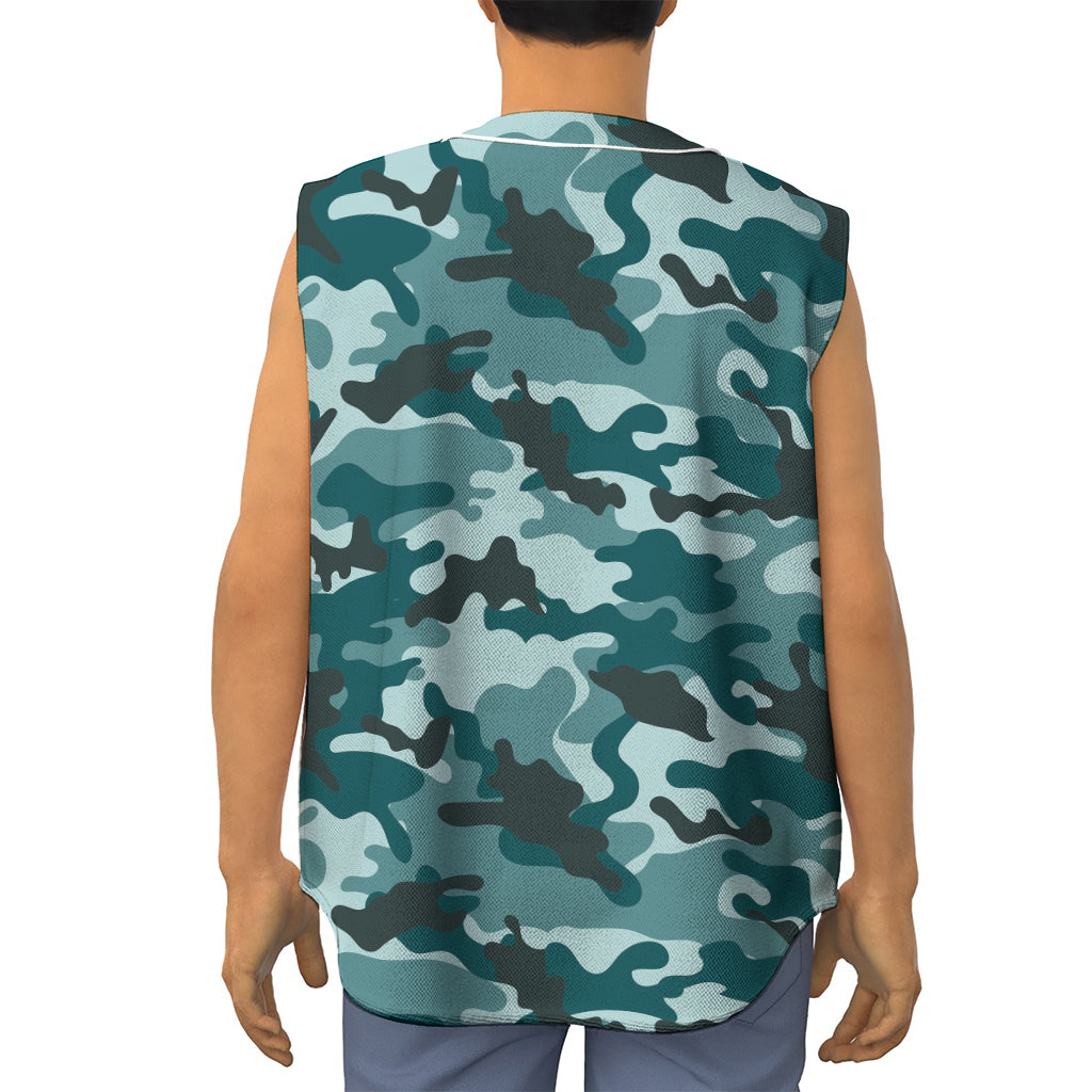 Forest Green Camouflage Print Sleeveless Baseball Jersey