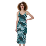 Forest Green Camouflage Print Slim Fit Midi Cami Dress
