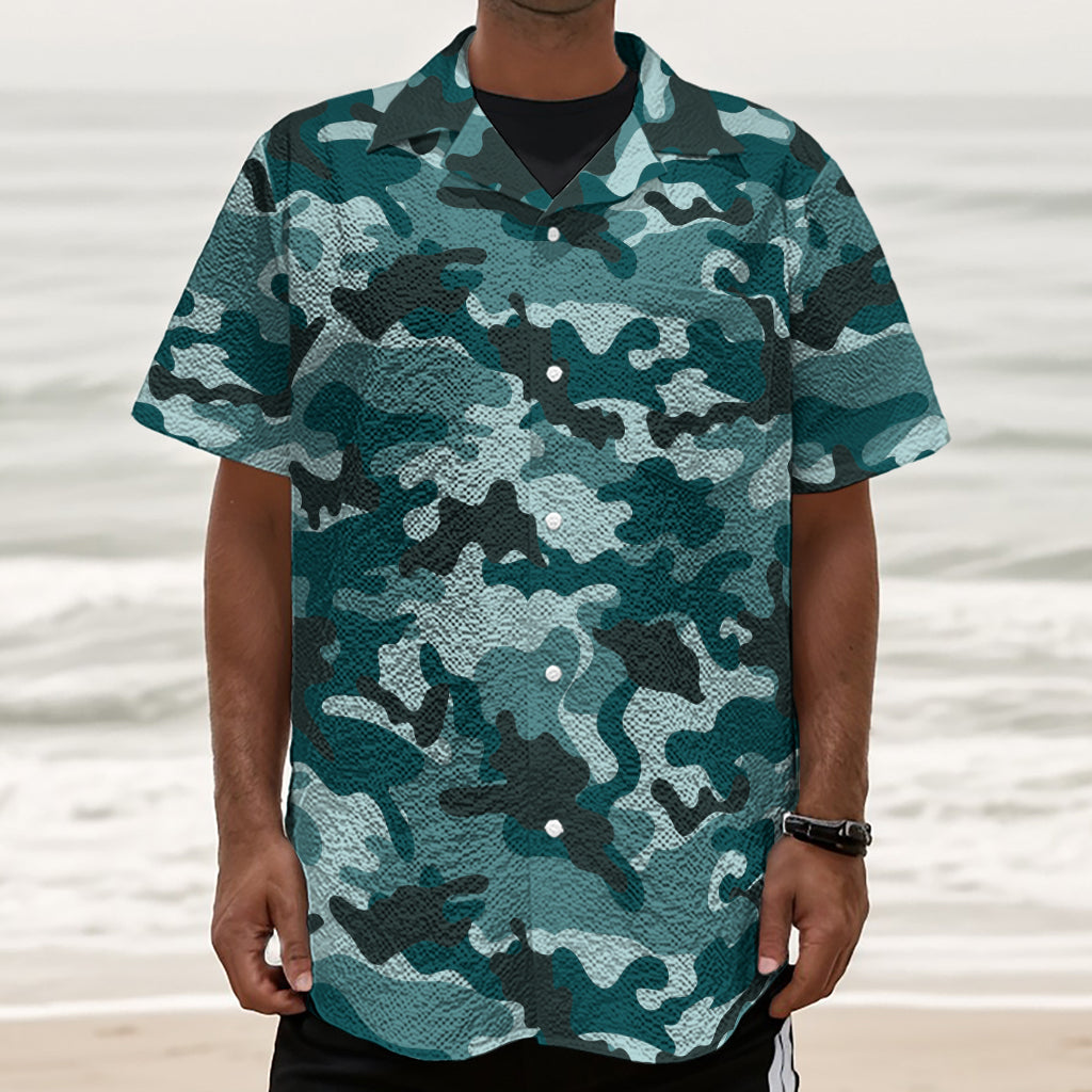 Forest Green Camouflage Print Textured Short Sleeve Shirt