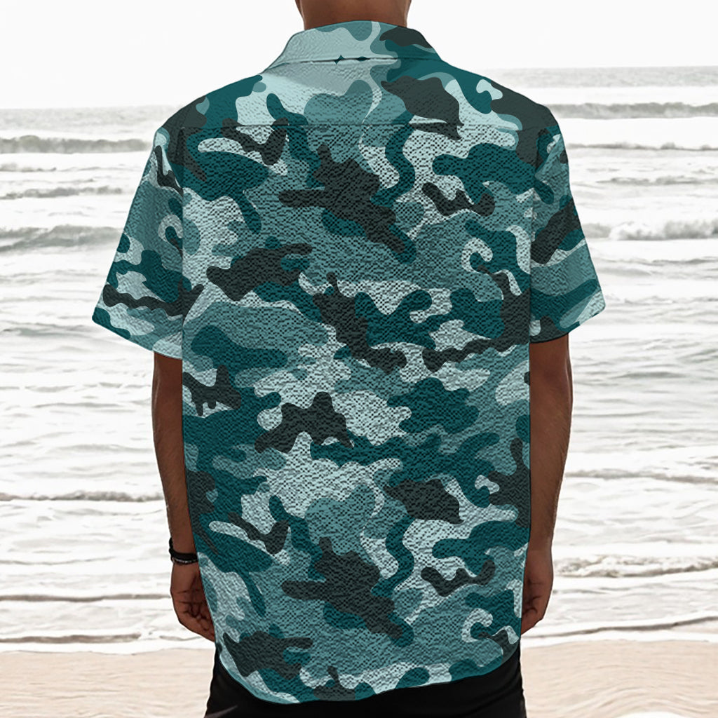 Forest Green Camouflage Print Textured Short Sleeve Shirt