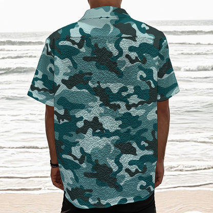 Forest Green Camouflage Print Textured Short Sleeve Shirt