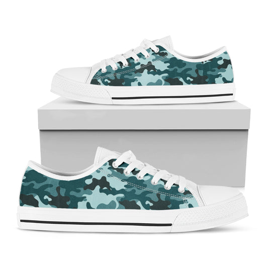 Forest Green Camouflage Print White Low Top Sneakers