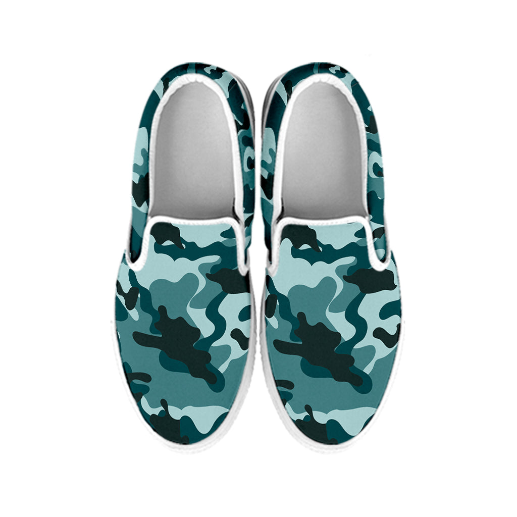 Forest Green Camouflage Print White Slip On Sneakers