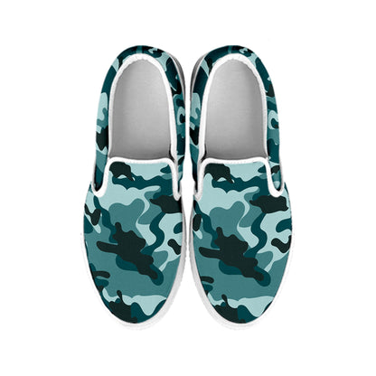 Forest Green Camouflage Print White Slip On Sneakers