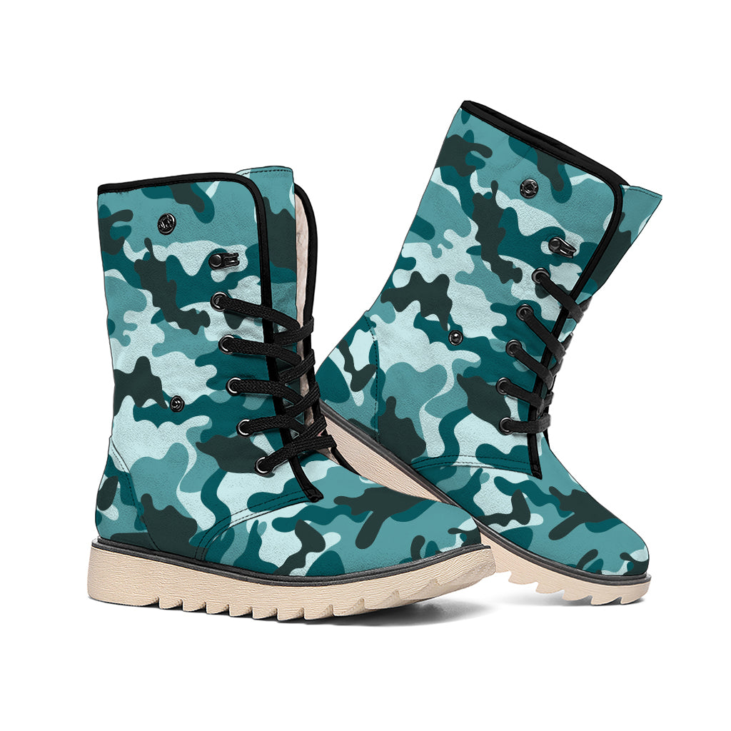 Forest Green Camouflage Print Winter Boots