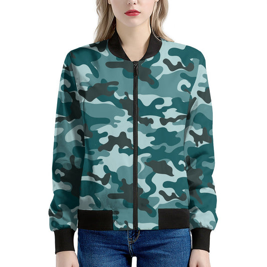 Forest Green Camouflage Print Women's Bomber Jacket