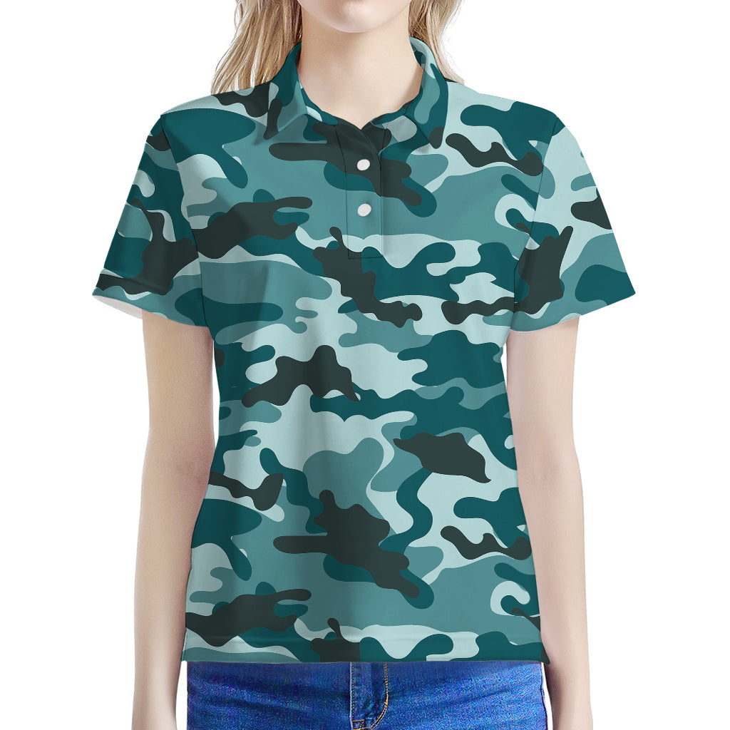 Forest Green Camouflage Print Women's Polo Shirt