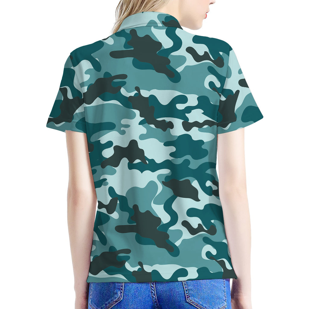 Forest Green Camouflage Print Women's Polo Shirt