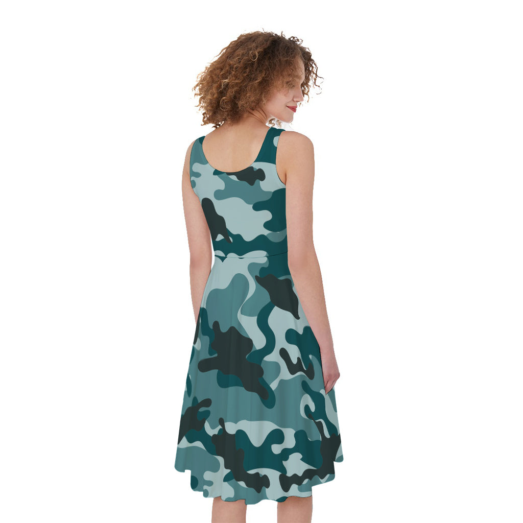 Forest Green Camouflage Print Women's Sleeveless Dress