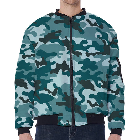 Forest Green Camouflage Print Zip Sleeve Bomber Jacket