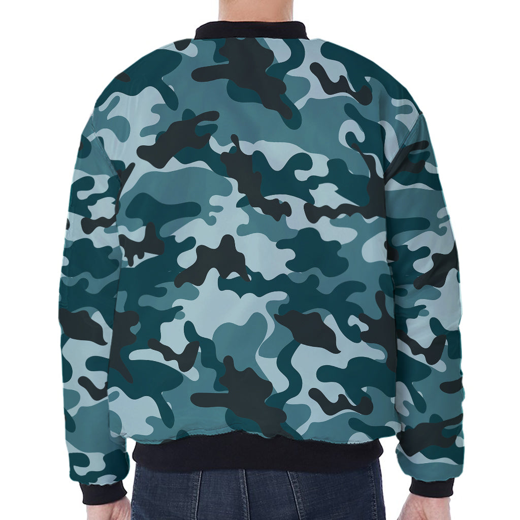 Forest Green Camouflage Print Zip Sleeve Bomber Jacket