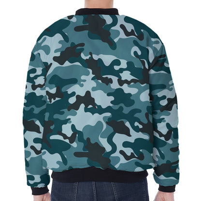 Forest Green Camouflage Print Zip Sleeve Bomber Jacket